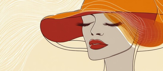 Wall Mural - Abstract illustration of a woman s face with a large hat featuring minimalist and surrealistic line art in a modern continuous style