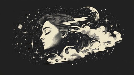 Wall Mural - Surreal tattoo art featuring a woman immersed in the cosmos Represents themes of magic esotericism and astrology ideal for t shirt designs