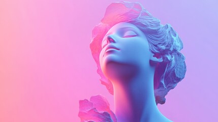 Wall Mural - Abstract creative illustration featuring a 3D rendered female bust with a flat anonymous face set against a gradient background in vaporwave inspired colors