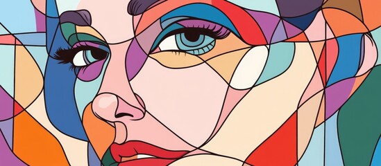 Wall Mural - Girl s face depicted in a fundamental cubism outline design