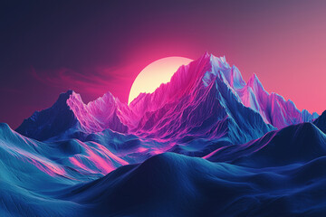 Wall Mural - A stunning landscape featuring glowing 3D mountain peaks illuminated by vibrant sunset. scene captures beauty of nature with surreal and colorful atmosphere