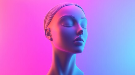 Wall Mural - Abstract 3D rendering of a female bust figure with a flat anonymous face set against a gradient background featuring vibrant vaporwave style colors