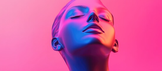 Wall Mural - Creative 3D rendering of a female bust figure featuring a flat anonymous face set against a gradient background in vibrant vaporwave colors