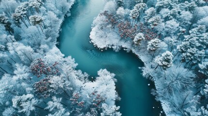 Aufkleber - A blue river with snow on the trees