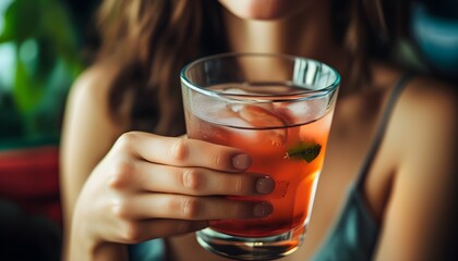 Wall Mural - refreshing close-up of a womans hand gripping a glass of chilled water