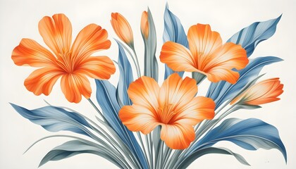 Wall Mural - Vibrant abstract floral design featuring rich blue, striking orange, and soft white hues