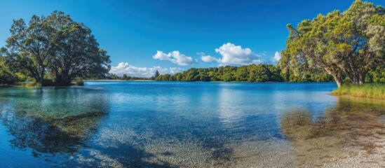 Canvas Print - Tranquil Blue Lake with Lush Greenery