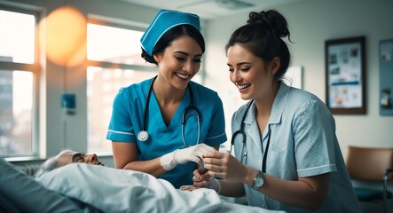 Joyful young Caucasian nurse in a hospital caring for a patient