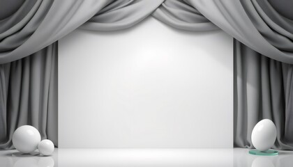 Gray curtains frame a blank white wall, with two white spheres on a glass pedestal in the foreground.