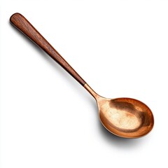 An elegant wooden spoon with a shiny copper bowl, perfect for cooking or serving meals in style.