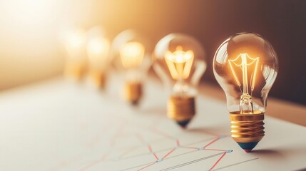 Row of glowing light bulbs on a geometric background, soft focus lighting.