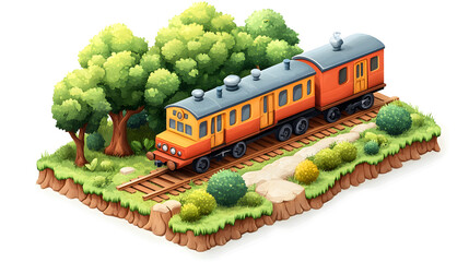 3d cartoon train isometric view isolated on white background