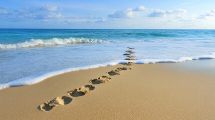 Wall Mural - Tranquil Seaside Escape: Serene Beach Landscape with Footprints in the Sand