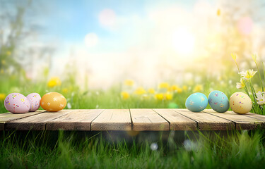 Canvas Print - A wooden product display top with an Easter background of painted eggs and green grass and meadows.