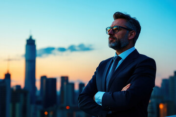 Confident leader in formal attire, standing in front of cityscape, cool tones