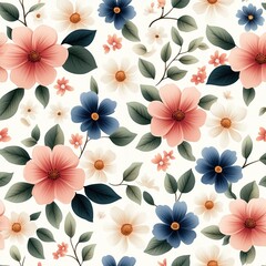 Beautiful floral pattern with pink, blue, and white flowers, perfect for textile design, wallpaper, or home decor.