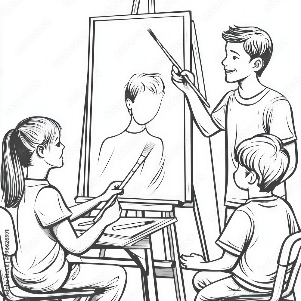 A creative art workshop with children painting, coloring page for kids ...