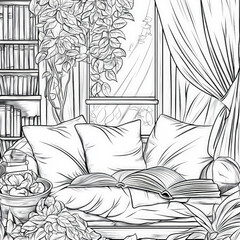 Poster - A cozy reading corner with cushions and blankets, coloring page for kids, simple outline illustration. Coloring book, simple lines.