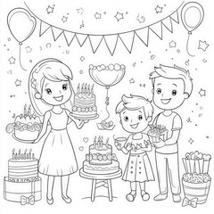 A family celebrating a birthday party, coloring page for kids, simple outline illustration. Coloring book, simple lines.