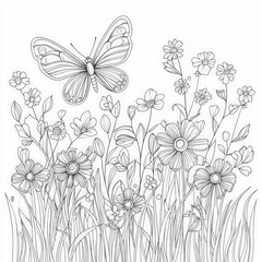 Sticker - A garden with blooming flowers and a butterfly, coloring page for kids, simple outline illustration. Coloring book, simple lines.