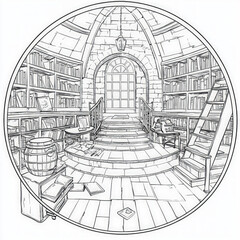 Sticker - A magical library filled with stories, coloring page for kids, simple outline illustration. Coloring book, simple lines.