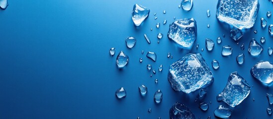 Poster - Ice Cubes and Water Drops on Blue Background