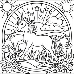 Poster - A magical unicorn in a rainbow setting, coloring page for kids, simple outline illustration. Coloring book, simple lines.