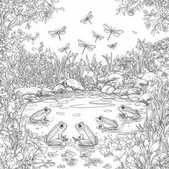 Poster - A magical pond with frogs and dragonflies, coloring page for kids, simple outline illustration. Coloring book, simple lines.