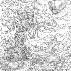 Poster - A magical tree with hidden creatures, coloring page for kids, simple outline illustration. Coloring book, simple lines.