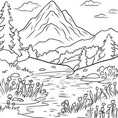 Sticker - A nature scene with mountains and rivers, coloring page for kids, simple outline illustration. Coloring book, simple lines.