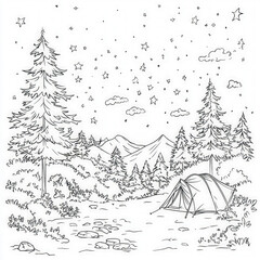 Canvas Print - A picturesque campsite under the stars, coloring page for kids, simple outline illustration. Coloring book, simple lines.