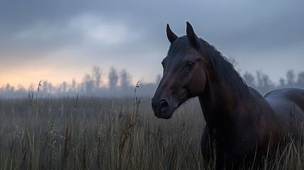 Poster - Majestic Brown Horse in a Misty Field at Sunrise