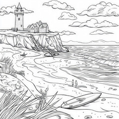 Sticker - A scenic beach with sandcastles and surfers, coloring page for kids, simple outline illustration. Coloring book, simple lines.