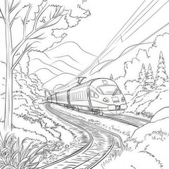 Poster - A train traveling through a scenic landscape, coloring page for kids, simple outline illustration. Coloring book, simple lines.