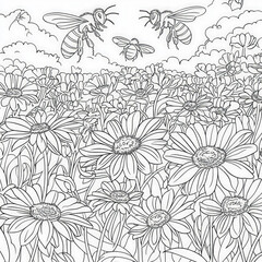 Sticker - A vibrant flower field with bees buzzing, coloring page for kids, simple outline illustration. Coloring book, simple lines.