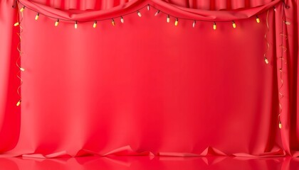 Red backdrop with string lights and gold ribbon.