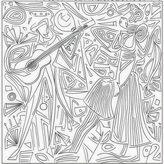 Sticker - A vibrant street performance with musicians and dancers, coloring page for kids, simple outline illustration. Coloring book, simple lines.