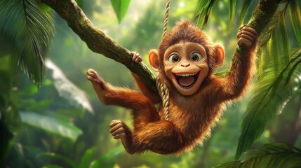 Wall Mural - A cheerful cartoon monkey hanging from a branch in a lush jungle setting.