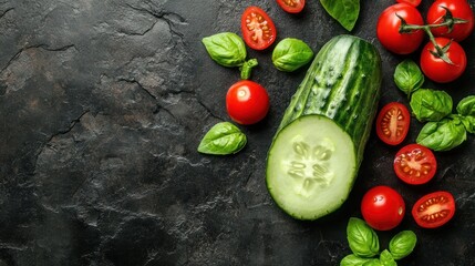 Wall Mural - Fresh vegetables including cucumber, cherry tomatoes, and basil on a dark stone surface.