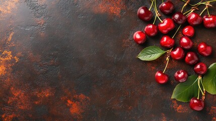 Sticker - A cluster of fresh cherries with green leaves on a dark textured surface.