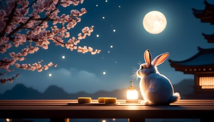 White rabbit perched on wooden table, admiring bright full moon with mooncakes and glowing lantern nearby in serene night scene