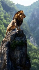 Wall Mural - Isolated Lion on Top of Mountain Ridge, Photo Realistic, Pattern Background, Wallpaper, Cover and Screen for Smartphone, PC, Laptop, 9:16 and 16:9 Format