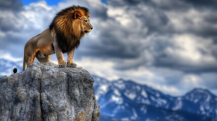 Wall Mural - Isolated Lion on Top of Mountain Ridge, Photo Realistic, Pattern Background, Wallpaper, Cover and Screen for Smartphone, PC, Laptop, 9:16 and 16:9 Format