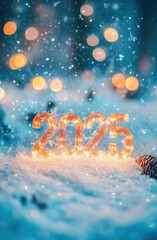 Wall Mural - Glowing number 2025 surrounded by snow and festive lights, creating a magical winter atmosphere for New Year celebrations.