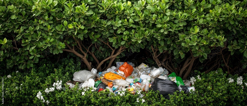 Contrast of Nature and Pollution Hidden Garbage Pile Under Lush Bushes ...