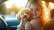 © Elmira - A cheerful young girl beams as she cuddles her adorable poodle in the backseat, enjoying a lovely day together with her furry friend