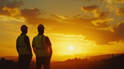 Two workers in safety gear silhouetted against a vibrant sunset.