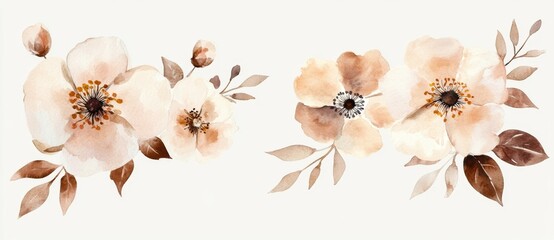 Sticker - A watercolor illustration of wildflowers bouquets set in autumn fall colours. For use as wedding invitations, greetings, wallpapers, fashion, background texture or wrapping. Yellow white silver dull