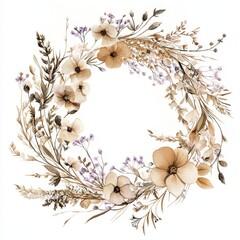 Wall Mural - Wildflowers wreath frame watercolor illustration. Autumn dried flowers, leaves, for wedding invitations, greetings, wallpapers, fashion, background, texture, wrapping. Yellow dull.