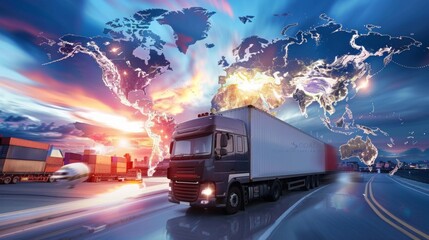 A freight truck on a highway with a world map overlay, symbolizing global logistics, shipping, and international trade. With copy space for text.